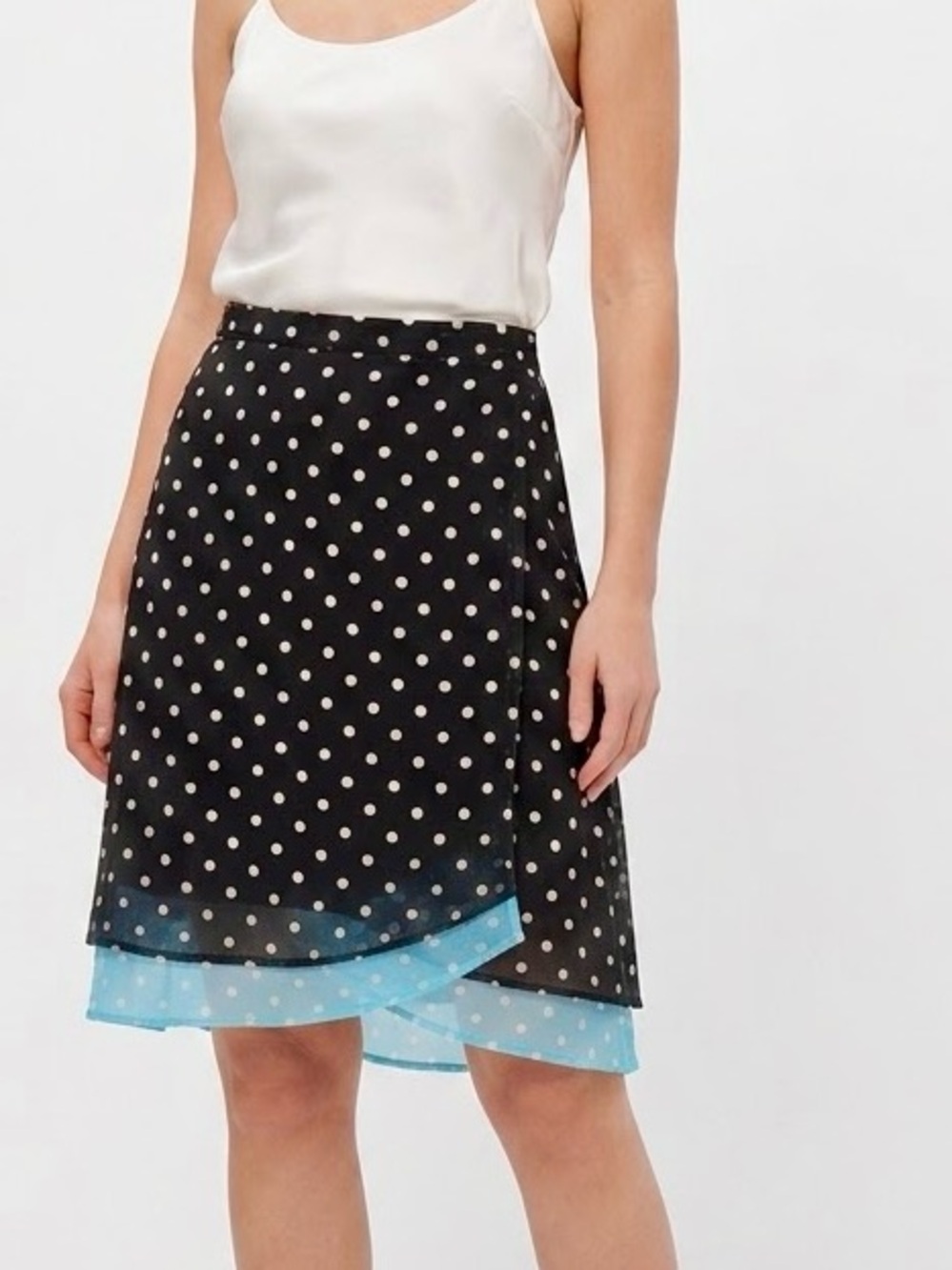 JONATHAN MARTIN Brown Polka Dot A-Line Wrap Midi Skirt w Light Blue Layer — LHP